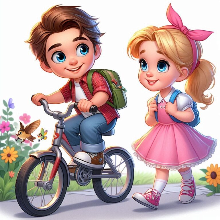 un bambino in bicicletta e una bambina, entrambi con colori vivaci in stile Disney